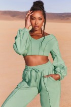 Fall Fashion Green Line Design V-Neck Long Sleeve Crop Top And Pant Set