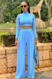 Fall Sexy Blue High Neck Tight Crop Top and Wide Leg Pants Set