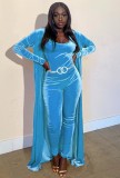 Fall Sexy Blue Velvet Sleeveless Jumpsuit with Long Cardigan