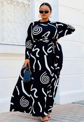 Fall Plus Size Pirnted Round Neck long Sleeve Maxi Dress