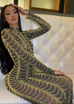 Fall Sexy Gold Beaded See Through Long Party Dress
