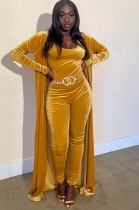 Fall Sexy Yellow Velvet Sleeveless Jumpsuit with Long Cardigan