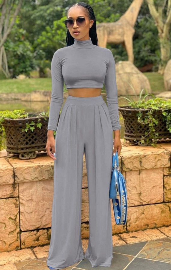 Fall Sexy Gray High Neck Tight Crop Top and Wide Leg Pants Set