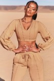 Fall Fashion Kahaki Line Design V-Neck Long Sleeve Crop Top And Pant Set