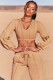 Fall Fashion Kahaki Line Design V-Neck Long Sleeve Crop Top And Pant Set