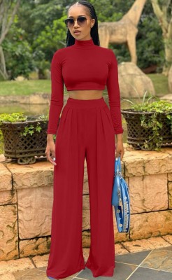 Fall Sexy Red High Neck Tight Crop Top and Wide Leg Pants Set