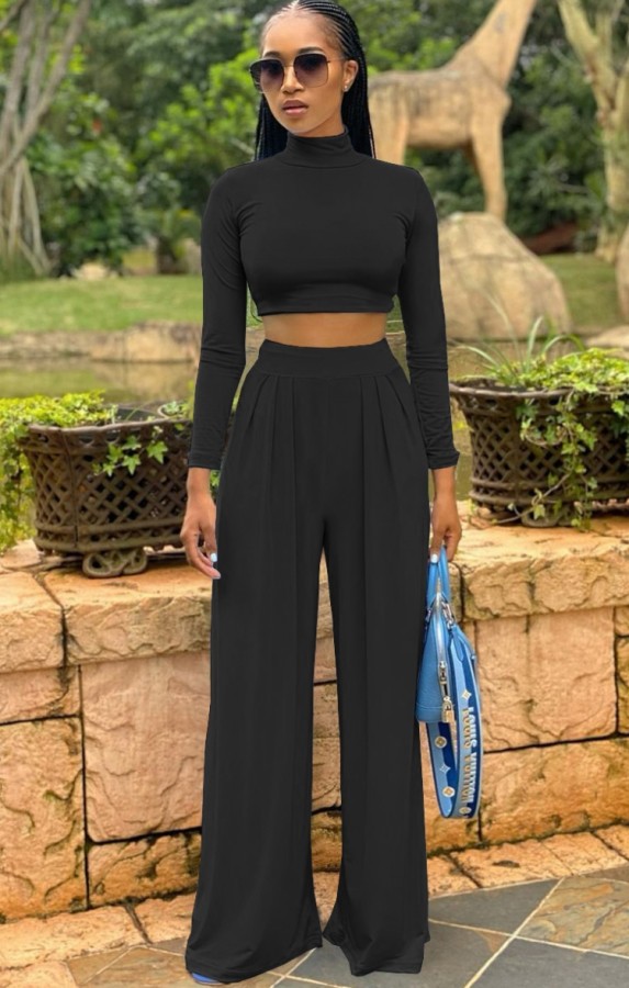 Fall Sexy Black High Neck Tight Crop Top and Wide Leg Pants Set