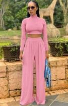 Fall Sexy Pink High Neck Tight Crop Top and Wide Leg Pants Set