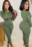 Winter Sexy Green Ruched Long Sleeve Top And Pant Two Piece Set