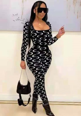 Fall Black Crescent Print Long Sleeve Jumpsuit