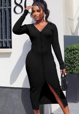 Fall Sexy Black Rib Button V-Neck Long Sleeve Slit Long Dress