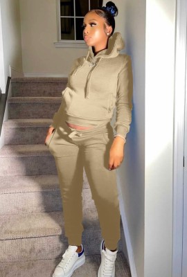 Winter Casual Khaki Fleece Sports Two Piece Hoody Sweatsuit