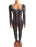 Fall Black Crescent Print Long Sleeve Jumpsuit