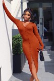 Fall Sexy Orange Rib Button V-Neck Long Sleeve Slit Long Dress