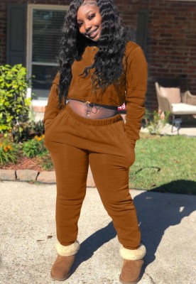 Winter Casual Brown Crop Two Piece Tracksuit