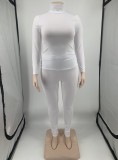 Fall Plus Size Casual White High Neck Long Sleeve Top And Pant Set