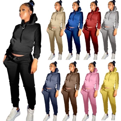 Winter Casual Black Fleece Sports Two Piece Hoody Sweatsuit