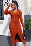 Fall Sexy Orange Rib Button V-Neck Long Sleeve Slit Long Dress