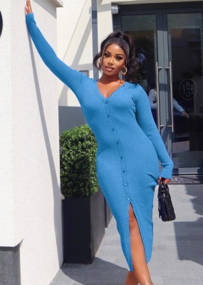 Fall Sexy Blue Rib Button V-Neck Long Sleeve Slit Long Dress