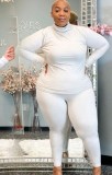 Fall Plus Size Casual White High Neck Long Sleeve Top And Pant Set