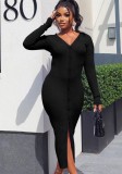 Fall Sexy Black Rib Button V-Neck Long Sleeve Slit Long Dress