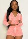 Fall Casual Pink Wrinkles Long Sleeve Zipper Hoodies And Shorts Two Piece Set