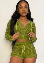 Fall Casual Green Wrinkles Long Sleeve Zipper Hoodies And Shorts Two Piece Set