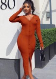 Fall Sexy Orange Rib Button V-Neck Long Sleeve Slit Long Dress