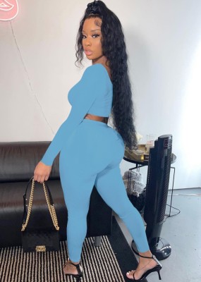 Fall Sexy Blue Irregual Neck Long Sleeve Crop Top And Pant Set