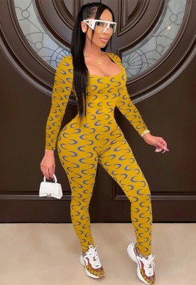 Fall Yellow Crescent Print Long Sleeve Jumpsuit