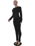 Fall Sexy Black Solid Round Neck Ruffles Long Sleeve Top And Stacked Pant Set