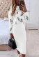 Fall Casual Leaf Printed White Long Sleeve Loose Blouse and Long Pencil Skirt Set