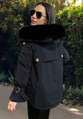 Winter Casual Black Short Loose Parka Coat with Fur Collar