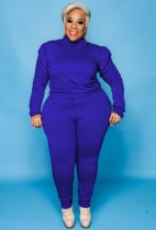 Fall Plus Size Blue High Neck Ruffles Long Sleeve And Pant Two Piece Set