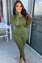 Fall Sexy Green Solid Round Neck Ruffles Long Sleeve Top And Stacked Pant Set