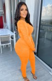 Fall Sexy Orange Solid Round Neck Ruffles Long Sleeve Top And Stacked Pant Set