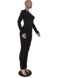 Fall Sexy Black Solid Round Neck Ruffles Long Sleeve Top And Stacked Pant Set