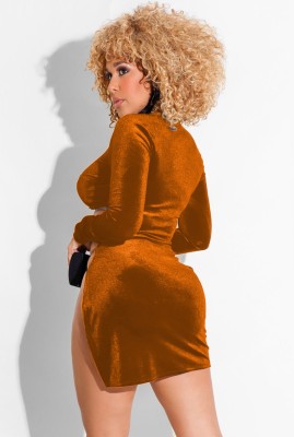 Fall Sexy Brown Velvet Long Sleeve Cutout High Split Club Dress
