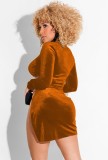 Fall Sexy Brown Velvet Long Sleeve Cutout High Split Club Dress