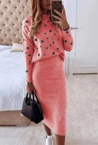 Fall Casual Star Printed Pink Long Sleeve Loose Blouse and Long Pencil Skirt Set