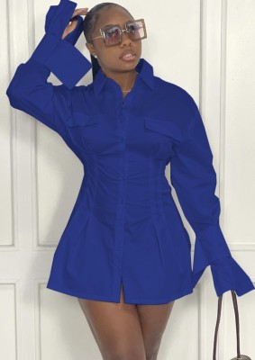 Fall Fashion Blue Long Sleeve Nipped Waists Shirt
