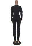 Fall Sexy Black Solid Round Neck Ruffles Long Sleeve Top And Stacked Pant Set