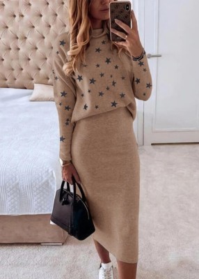 Fall Casual Star Printed Brown Long Sleeve Loose Blouse and Long Pencil Skirt Set