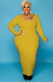 Fall Plus Size Yellow V Neck Long Sleeve Long Dress