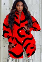 Fall Casual Black Stripes Printed Red Puff Sleeve Loose Shirt Dress
