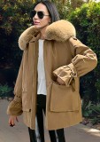 Winter Casual Khaki Short Loose Parka Coat with Fur Collar