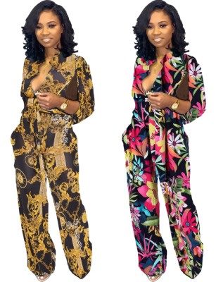 Fall Sexy Multi Floral Printed Long Sleeve Blouse and Wide-leg Pants Set