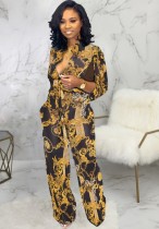 Fall Sexy Retro Chain Printed Long Sleeve Blouse and Wide-leg Pants Set