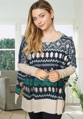 Winter Christmas Jacquard Long Sleeve Round Neck Slit Loose Sweater