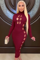 Fall Sexy Red Hollow Out High Neck Long Sleeve Long Dress